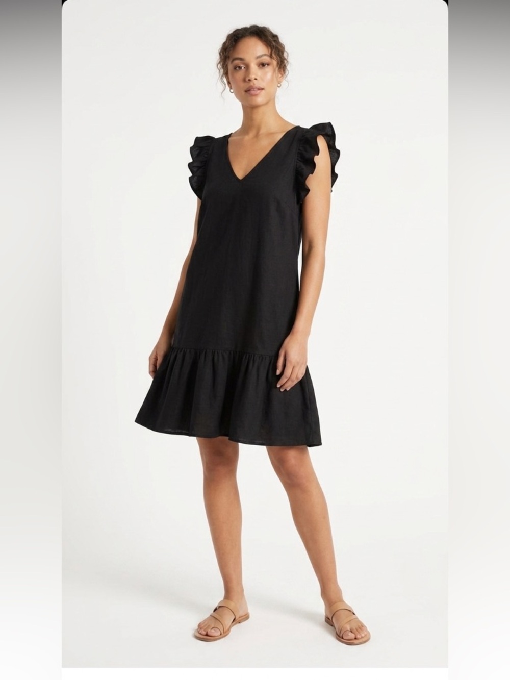 Next Black Linen Ruffle Sleeve Tiered Mini Dress - Size US 12 / UK 16
